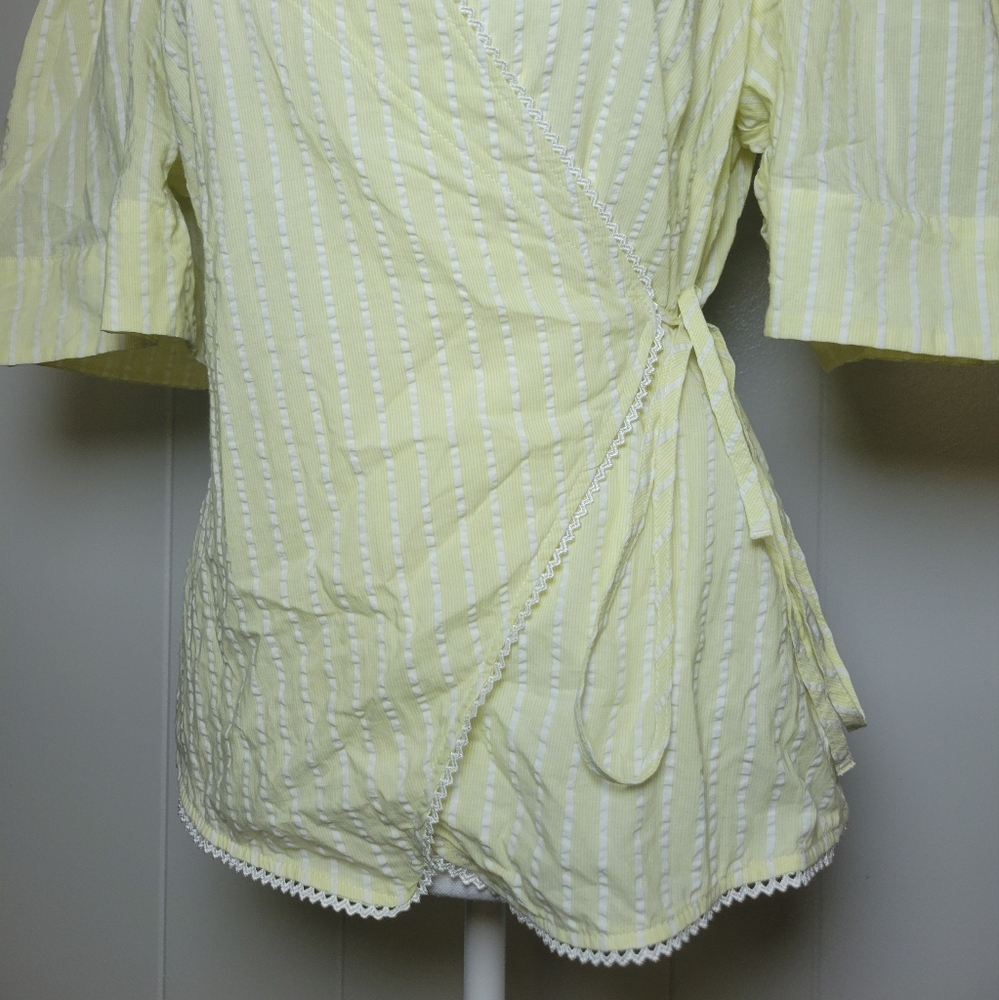 Ganni Seersucker Striped Wrap Blouse Short Sleeve Cotton Yellow & White 40 8/10 - Picture 8 of 16